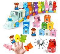 Kimicare Montessori Juguetes educativos para niños pequeños, juguetes sensoriales de granja con tren y 10 marionetas de dedo, 1 granja, granja de conteo, emparejamiento y