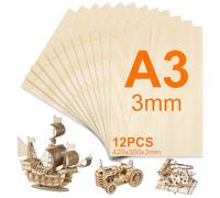 KIMIGO 12 Piezas Madera Contrachapada 3mm,Madera de Balsa Fina 42 x 30 cm,Tablero Contrachapado de Tilo A3,Sin Terminar Tablero Maderas para Corte por Laser,CNC Router,Modelado,Calado,Manualidades