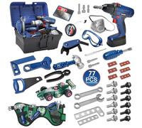 KIMIGO 77 Piezas Herramientas Juguete con Taladro Eléctrico Juguete,Caja con Taladro, Motosierra, Destornillador y Coche de Carreras Montado - para Niños - Apto para Mayores de 3 Años