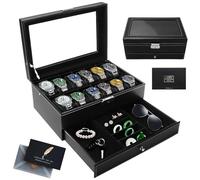 KIMIGO Caja de Relojes,Estuche de Relojes con Tapa de Cristal de 2 Niveles,Estuche Relojero Organizador con 1 Cajón,Caja para Relojess, para Relojess Anillos Pulseras Hombre Mujer Regalo
