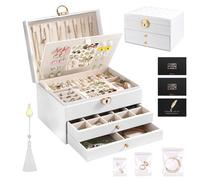 KIMIGO Caja Joyero de 3 Niveles,Joyeros Mujer Organizador,Grande Joyero Viaje Cajones Niña,Joyero de terciopelo,con cerradura y llave,para Pulseras,Pendientes,Anillos,Collares,Relojes,Blanco