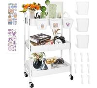 KIMIGO Carrito Auxiliar con Ruedas,Carrito de Cocina,Carro Rodante con Ruedas Bloqueables,Ganchos para Colgar Tazas,Marco de Acero,Carro Servicio 3 Niveles,con Lindas Pegatinas,Blanco