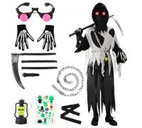 KIMIGO Disfraz de Parca para Niños,Disfraz Halloween Parca,8pcs Disfrazs de Muerte Accesorios y Utilería,130-140cm Unisexo,para Carnival Terroríficos Cosplay