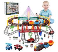 KIMIGO Juego de Tren para Niños,141 Piezas Tren Juguete Electricos con Rieles y Vías para Automóviles,Luces y Sonidos,Juguetes de Pista para Coches,Circuito Coches Navideños Regalos 3 4 5 6 7 8 Años