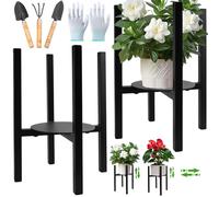 KIMIGO Set 2 Soporte para Plantas Ajustable,Soporte para Macetas de Metal Negro,Portamacetas con Guantes y Herramientas de Jardinería,para Macetas con un Diámetro Exterior de 8-12in