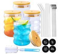 KIMIGO Tazas de Vidrio de Burbuja 350ml con Tapa y Cuchara, Vasos para Té, Café, Leche, Latte, Macchiato - Juego de 4 Piezas