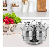 KIMISS Olla para Condimentos, Tarros de Especias Giratorios de Acero Inoxidable para Sal, Especias, Olla, Cuatro Botellas de Condimento con Cuchara, Tapa