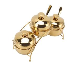 KIMISS Recipientes Dorados para Condimentos, Ollas, Juego de Tarros de Condimentos de Acero Inoxidable, Tarro de Azúcar para Sal y Pimienta con Tapa y Cuchara, Botellas de de Cocina con Estante de