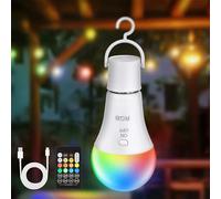 Kimjo Bombilla Led E27, Bombilla Recargable USB con Control Remoto 7W RGB Regulable con Gancho, USB C, Para Camping, Interior, Exterior
