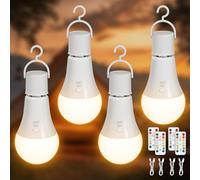 Kimjo Bombilla Recargable USB con Mando - Bombilla Inalámbrica sin Electricidad Punto E27 7W 3 Color Regulable - Luz de Emergencia Control de botones 4 Piezas