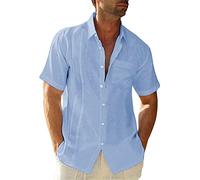 KIMODO Men's Short Sleeved Cotton Linen Summer Shirt with Chest Pocket Tops Blouse Shirt (Blue, L)