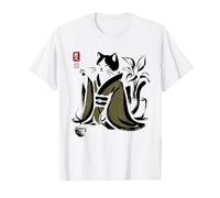 Kimono caligráfico Vintage Gato Bebiendo té Arte japonés Camiseta