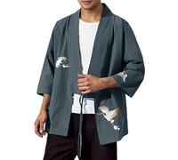 Kimono Cardigan Jacket Herren Leinenhemd Japanese Jacken Casual 3/4 Ärmel Shirt Leinen Outwear Happi Nachtwäsche Japanese Style Flying Crane Seven Sleeves Open Front Coat, azul, 3XL