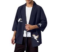Kimono Cardigan Jacket Herren Leinenhemd Japanese Jacken Casual 3/4 Ärmel Shirt Leinen Outwear Happi Nachtwäsche Japanese Style Flying Crane Seven Sleeves Open Front Coat, azul marino, 4XL
