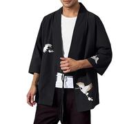 Kimono Cardigan Jacket Herren Leinenhemd Japanese Jacken Casual 3/4 Ärmel Shirt Leinen Outwear Happi Nachtwäsche Japanese Style Flying Crane Seven Sleeves Open Front Coat, Negro , 4XL