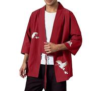 Kimono Cardigan Jacket Herren Leinenhemd Japanese Jacken Casual 3/4 Ärmel Shirt Leinen Outwear Happi Nachtwäsche Japanese Style Flying Crane Seven Sleeves Open Front Coat, Vino, 4XL