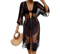 Kimono de Playa de Encaje para Mujer Bata de Bikini Transparente Pareo para Traje de Baño Batas de Baño para Mujer Ropa de Playa de Crochet Floral Cárdigans Ligeros Transparentes Negro Talla Única