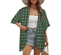 Kimono de Playa Informal de Manga Corta con Estampado de tartán de Cape Breton, Nueva Escocia, Ideal para el Verano. Blusa Holgada con cárdigan Abierto.
