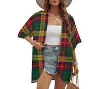 Kimono de Playa Informal de Manga Corta con Estampado de tartán del Clan Buchanan de Old Scotsman, Blusa Holgada y cárdigan Abierto de Moda.