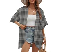 Kimono de Playa Informal de Manga Corta Douglas Grey Tartain Plaid Negro y Gris para Verano, Blusa Holgada, cárdigan Abierto de Moda