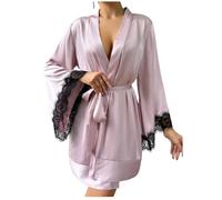 Kimono de Satén de Lujo para Mujer,Bata de Mañana Sexy con Ribete de encaje,Suave y Ligera,con Cuello en V,para Novia,Dama de Honor,Ropa de Dormir,Ropa de Estar en Casa,Rosa,L