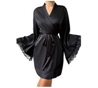 Kimono de Satén de Lujo para Mujer,Bata de Mañana Sexy con Ribete de encaje,Suave y Ligera,con Cuello en V,para Novia,Dama de Honor,Ropa de Dormir,Color Negro,Talla L