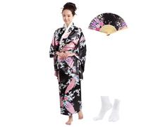 Kimono Japones Mujer Yukata,Bata de Raso Disfraz Geisha,Cosplay Costume para Fiesta,con Abanico y Calcetines Tabi,Ideal para Eventos Temáticos,Look Festivo,Estilo A-Negro-Talla S,Menos de 55kg