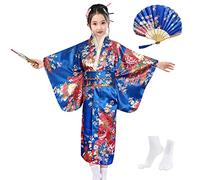 Kimono Japonés Niña Disfraz Japonesa Nina Satén Kimono Yukata Geisha Disfraz Oriental Infantil para Cosplay/Fiesta/Actuación con Abanico Plegable y Calcetines Tabi,Estilo B,Azul Real,Talla 150
