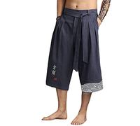 Kimono japonés pantalones tradicionales hombres ropa asiática pantalones de baño estilo japonés casual suelto masculino Yukata lino recortado pantalones azul 3XL peso 85-95KG