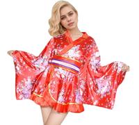 Kimono japonés para Mujeres Red Tamaño Promedio de Cereza Cherry Blossom Kimono Fibra de poliéster Ajustable Yukata Mujeres para Cosplay, Fiesta, Yukata de Halloween