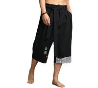 Kimono Japonés Tradicional para Hombres - Pantalones de Baño Estilo Asiático Casual Suelto - Yukata de Lino Recortado - Negro 2XL para Peso 75-85KG