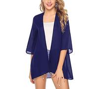 Kimono Mujer Pareos Playa Gasa Verano Kaftan Chal Suelta Cárdigan Manga 1/2 Camisolas Casual Traje de Baño Bikini Cover Up (FR/ES, Letras, Talla única, Regular, Regular, Azul S/M)