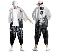Kimono Set Hombre Japonés Multicolor Estampado Suelto Cardigan Verano Manga 3/4 Manga Corta Funky Colorido Estampado Nacional Japonés Albornoces Baggy Camisón Playera Conjunto de Camiseta, O blanco