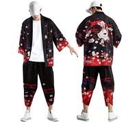 Kimono Set Hombre Japonés Multicolor Estampado Suelto Cardigan Verano Manga 3/4 Manga Corta Funky Colorido Estampado Nacional Japonés Albornoces Baggy Camisón Playera Conjunto de Camiseta, P Red, XL
