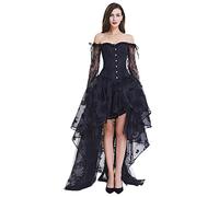 Kimring Women's Steampunk Victorian Off Shoulder Embroidery Long Sleeves Corset Top with High Low Skirt Set Black Small
