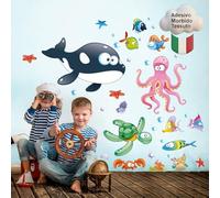 kina - Pegatina Pared Decoración Habitación Niños R00195 - Material Tela Ecológica, Hipoalergénico, Reposicionable, Efecto caricia, Escuela infantil - Gráficos Mar y medir 120x30 cm