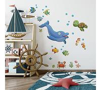 kina - Pegatina Pared Decoración Habitación Niños R00341 - Material Tela Ecológica, Hipoalergénico, Reposicionable, Efecto caricia, Escuela infantil - Gráficos Mar Pez y medir 100x30 cm