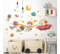 kina - Pegatina Pared Decoración Habitación Niños R00531 - Tela Ecológica, Hipoalergénico, Reposicionable, Efecto caricia, Escuela infantil - Gráficos Viaje Universo y medir 100x30 cm