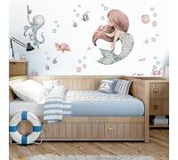 kina - R00799 Pegatinas Infantiles Ecológicos e Hipoalergénicos Efecto Tela Suave Mar de Sirena Reposicionable Decoración Pared Habitación Bebé Recién Nacido Guardería Papel Pintado Adhesivo