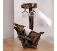 Kinaree Botellero de madera de teca con soporte para 2 copas, de madera sostenible, con soporte para 2 vasos, hecho a mano, decoración de madera de raíz, aprox. 35-40 x 30 x 20 cm