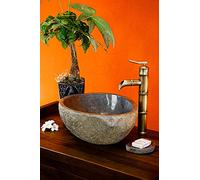 Kinaree Lavabo de piedra natural, ovalado, 12cm x 25cm, instalación sobre encimera, pulido, gris-negro, único