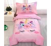 KINBEDY Juego de Ropa de Cama de Unicornio de 4 Piezas para niñas, Juego de Cama de Dibujos Animados Florales Rosados, Juego de edredón para bebé y niñas, Incluye edredón, sábana encimera, sábana