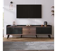 Kinberry Mueble para TV, mueble bajo con 2 cajones y 2 puertas correderas, mesa de televisión para salón, comedor, dormitorio, color negro y madera natural, 160 x 58 x 40 cm