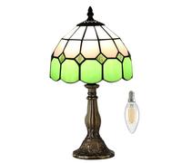 Kinbolas Lámpara de mesa estilo Tiffany,iluminación Art Deco hecha a mano,pantalla de vitral,pequeña lámpara de noche para dormitorio,sala de estar,mesa mediterránea,luz decorativa con bases(verde B)