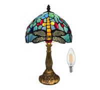 Kinbolas Lámpara de mesa pequeña en estilo Tiffany, lámpara de mesita de noche vintage, lámpara decorativa para el alféizar de la ventana, lámpara de mesa de estilo Art Nouveau, libélulas azules,