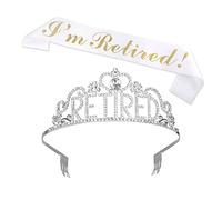 KINBOM 1 Juego Corona y Banda de Jubilación Tiara Corona de Cristal con Purpurina Oficialmente Corona Jubilacion y Faja Jubilada Decoraciones de Fiesta de Jubilación para Mujer (Plata, Blanco, Dorado)