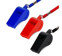 KINBOM 3 Piezas Silbatos de Plástico con Cordón, Sonido Fuerte Silbato Deportivos en Entrenamiento Supervivencia Deportes para Árbitro Entrenador Profesor Adiestramiento de Perros (Rojo, Azul, Negro)
