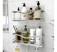 KINCMAX Estanteria de Ducha para Baño con Adhesivo sin Necesidad de Taladro (2 Piezas) - Organizador Baño para el Interior de la Ducha con 4 Ganchos para Accesorios (Plata)