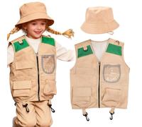 Kinder Entdecker Weste Und - Adventure Explorer Costume Set - Lightweight Breathable Fabric, Adjustable Comfortable Fit | Multiple Pocket Design With Matching Safari Style Hat For Outdoor Play
