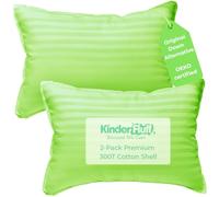 kinder Fluff Children Pillow (2Pack) 35x50cm - Junior Pillows for Kids Age 4+, 100% Cotton Sateen Stripes Shell 300T, Down Alternative Fill, Machine Washable - Children & Travel Cushion - Green - M